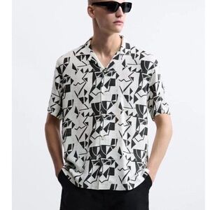 Zara Geometric Print Abstract Black & White Linen Blend Button Shirt Size L